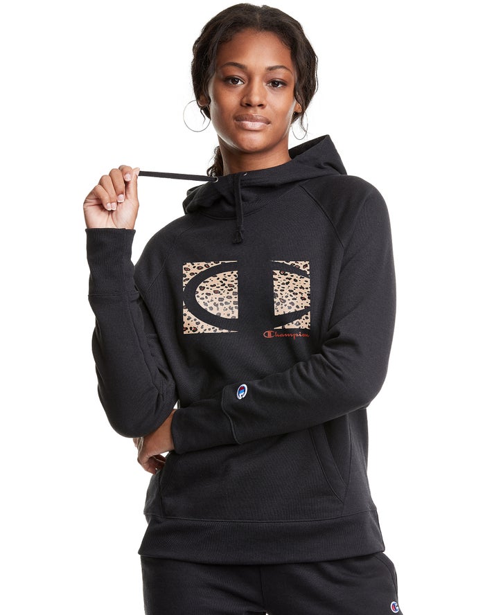 Champion Womens Hoodie NZ - Powerblend Fleece Leopard Colorblock Logo Black ( 6473-SWTJU )